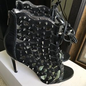 San Edelman Black suede cut-out sandals w/ spikes
